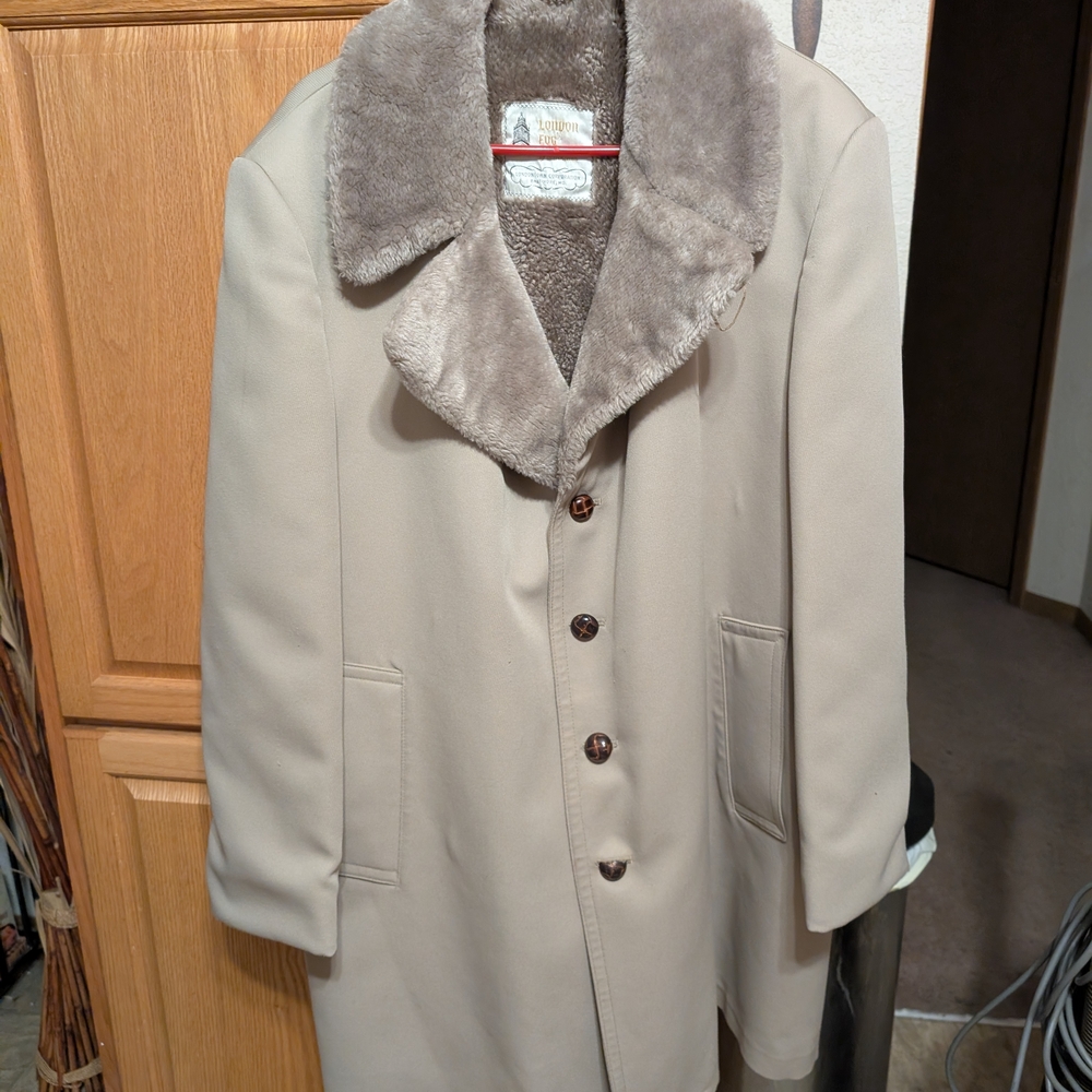 Mens Beige Coat with Faux Fur Collar